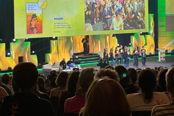An illuminated stage where the ceremony of German youth book prize is held.