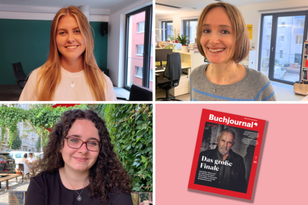 A collage consisting of four pictures. From top left to bottom right. Portraits of: Olivia Zielke standing in front of a blue wall, Nadja Einzmann standing in an office, Vanessa Demaré sitting, a street and leaves in the background, A mockup of a notebook on a pink background.